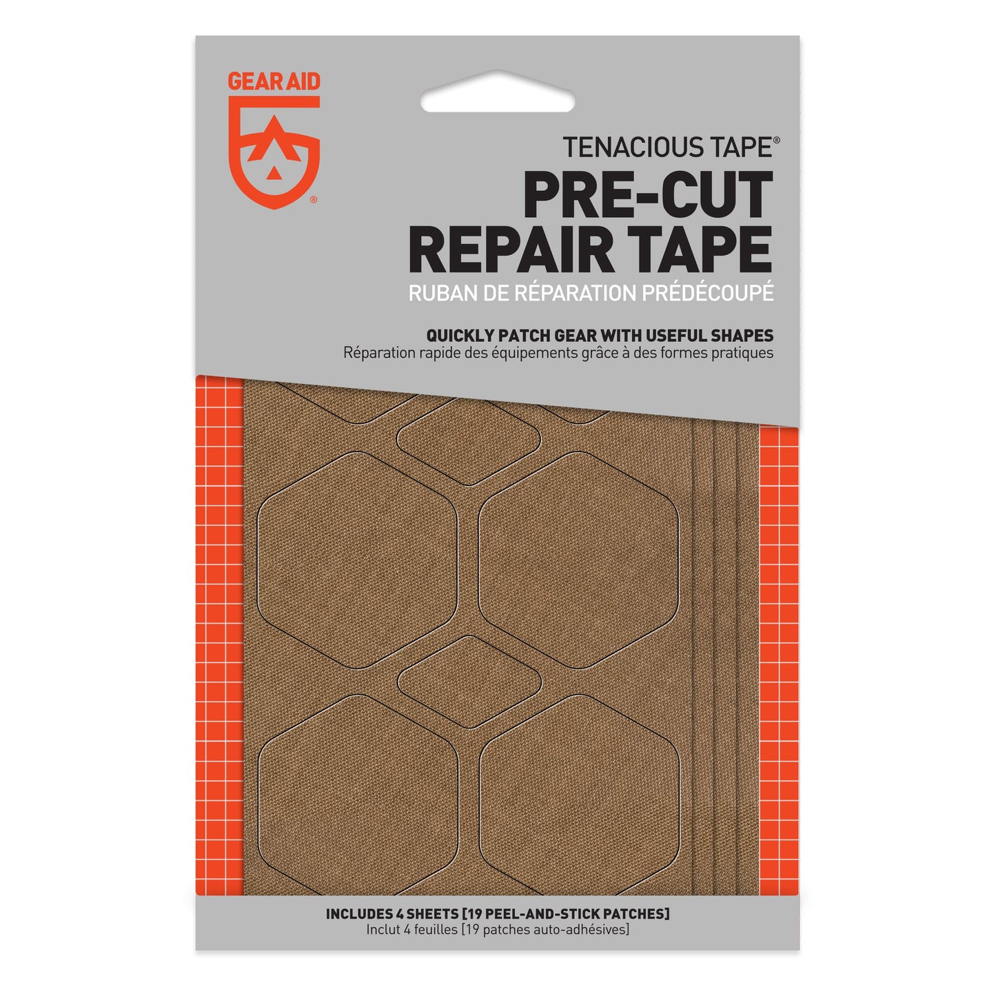 Package of Gear Aid Tenacious Tape pre-cut repair tape with hexagonal patches.