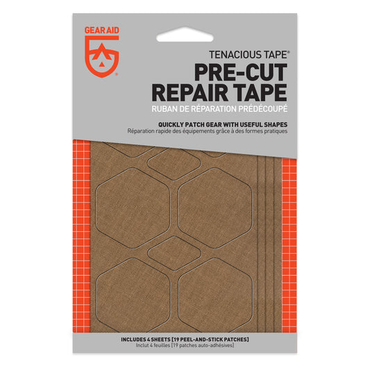 Package of Gear Aid Tenacious Tape pre-cut repair tape with hexagonal patches.